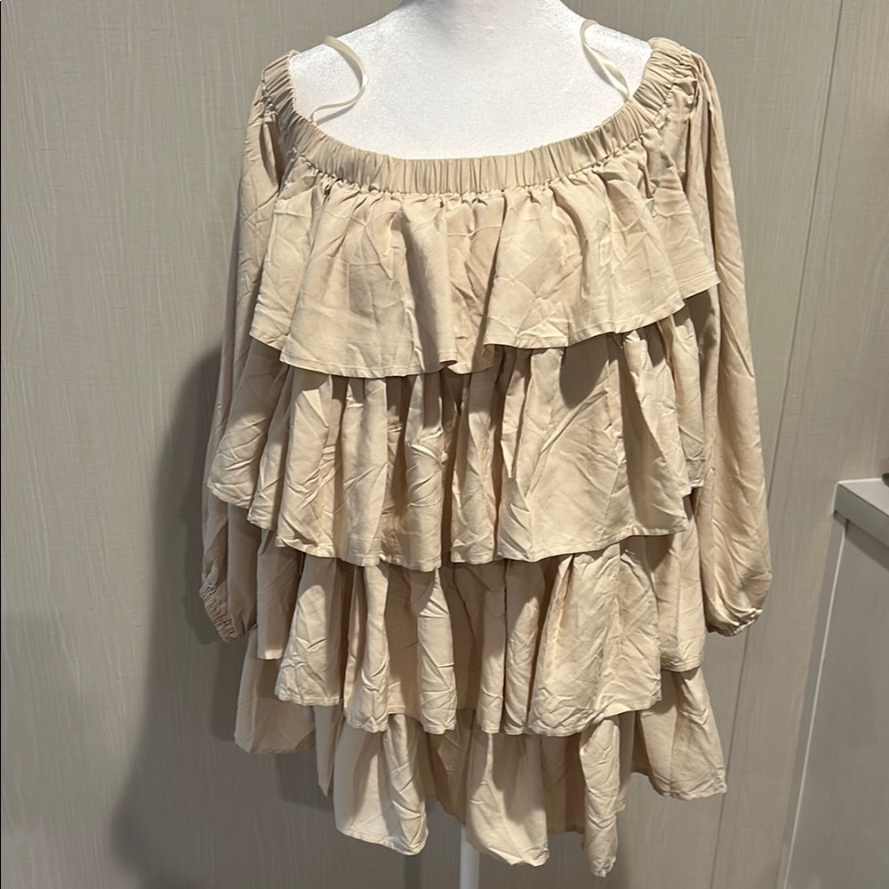 Chic Beige Ruffled Off-Shoulder Top